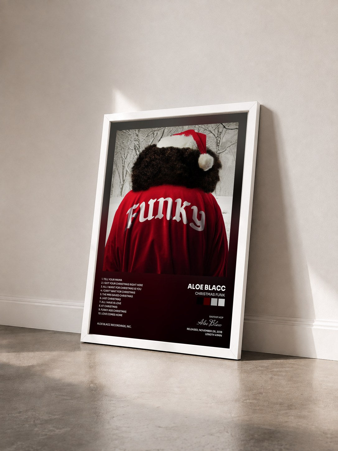 #blanc Tableau de l'album Christmas Funk de Aloe Blacc vu de trois quarts, cadre blanc