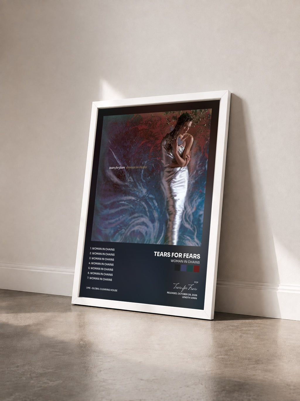 #blanc Tableau de l'album Woman In Chains de Tears for Fears vu de trois quarts, cadre blanc