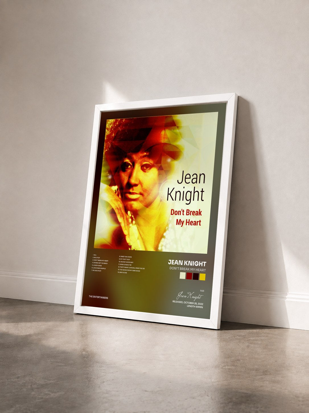 #blanc Tableau de l'album Don't Break My Heart de Jean Knight vu de trois quarts, cadre blanc