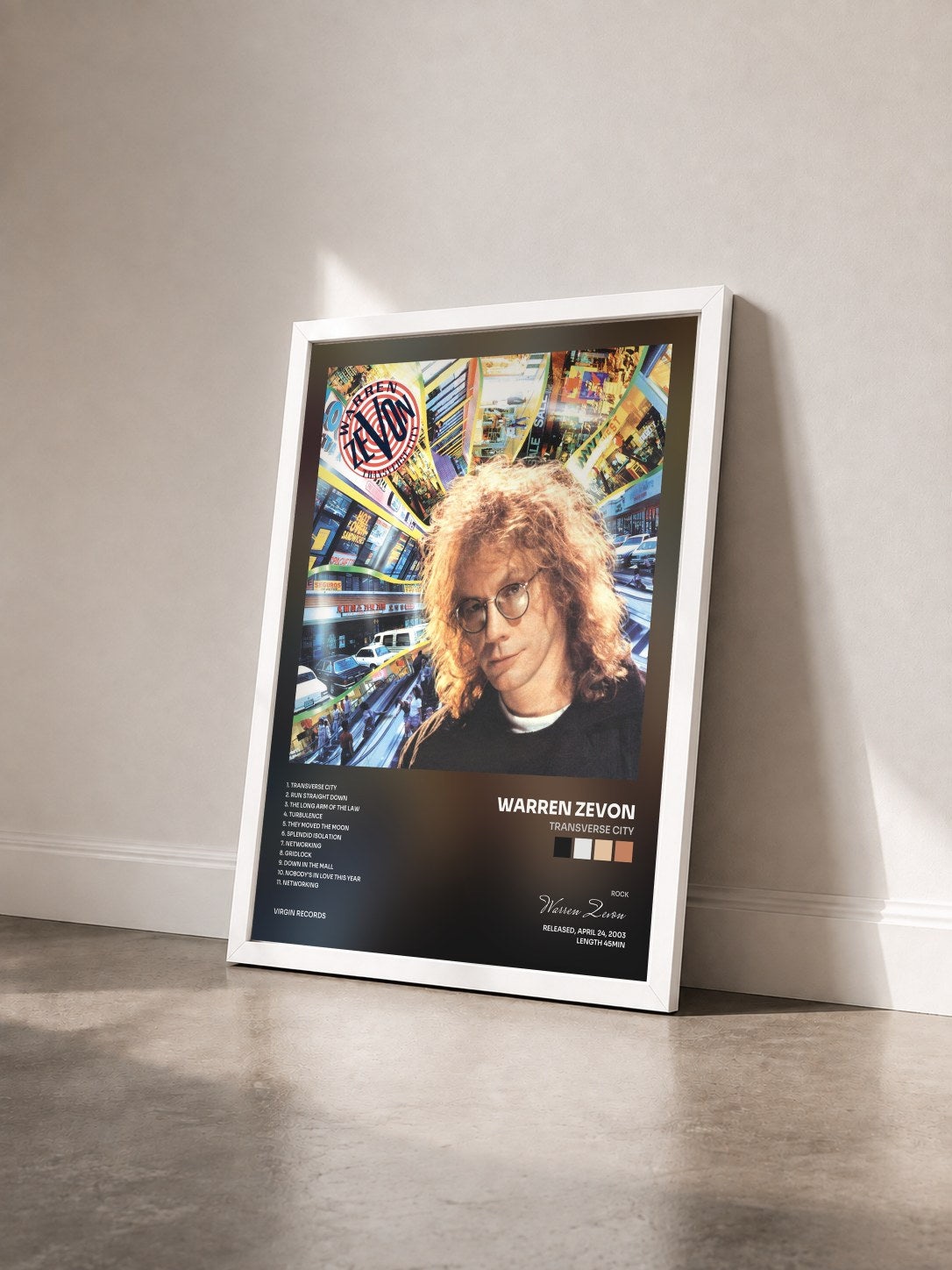 #blanc Tableau de l'album Transverse City de Warren Zevon vu de trois quarts, cadre blanc