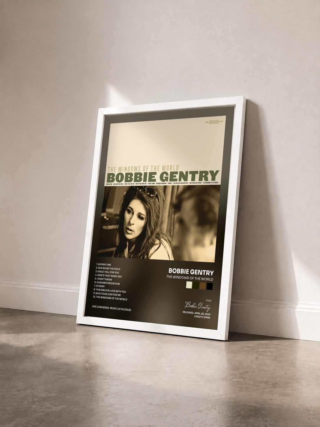 #blanc Tableau de l'album The Windows Of The World de Bobbie Gentry vu de trois quarts, cadre blanc