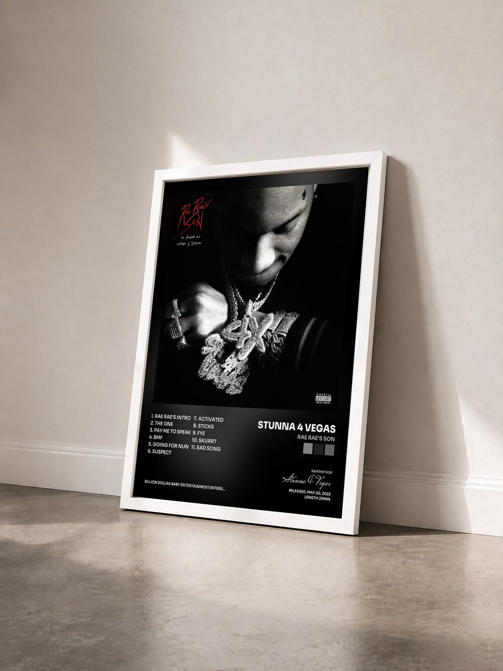 #blanc Rae Rae's Son by Stunna 4 Vegas as a framed art print seen at an angle, white frame
