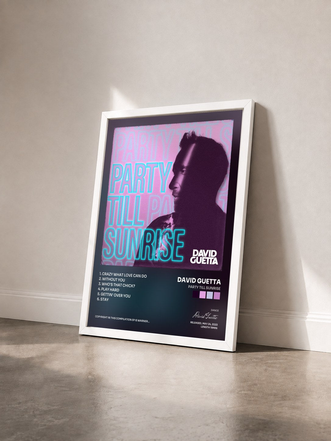 #blanc Tableau de l'album Party Till Sunrise de David Guetta vu de trois quarts, cadre blanc