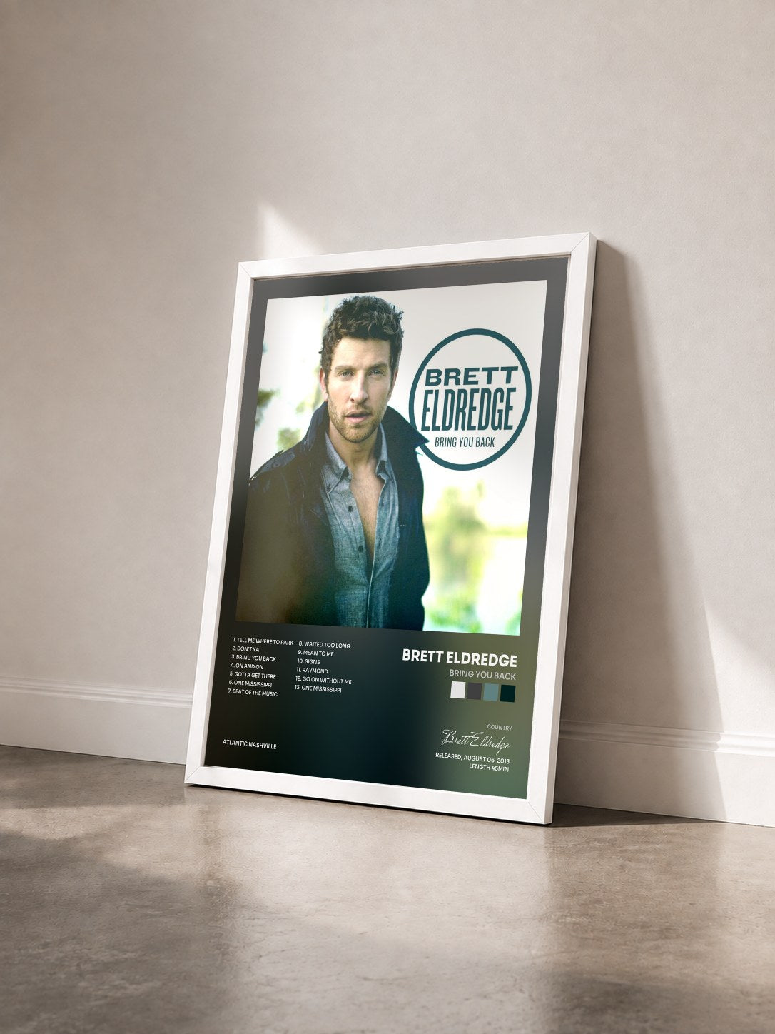 #blanc Tableau de l'album Bring You Back de Brett Eldredge vu de trois quarts, cadre blanc