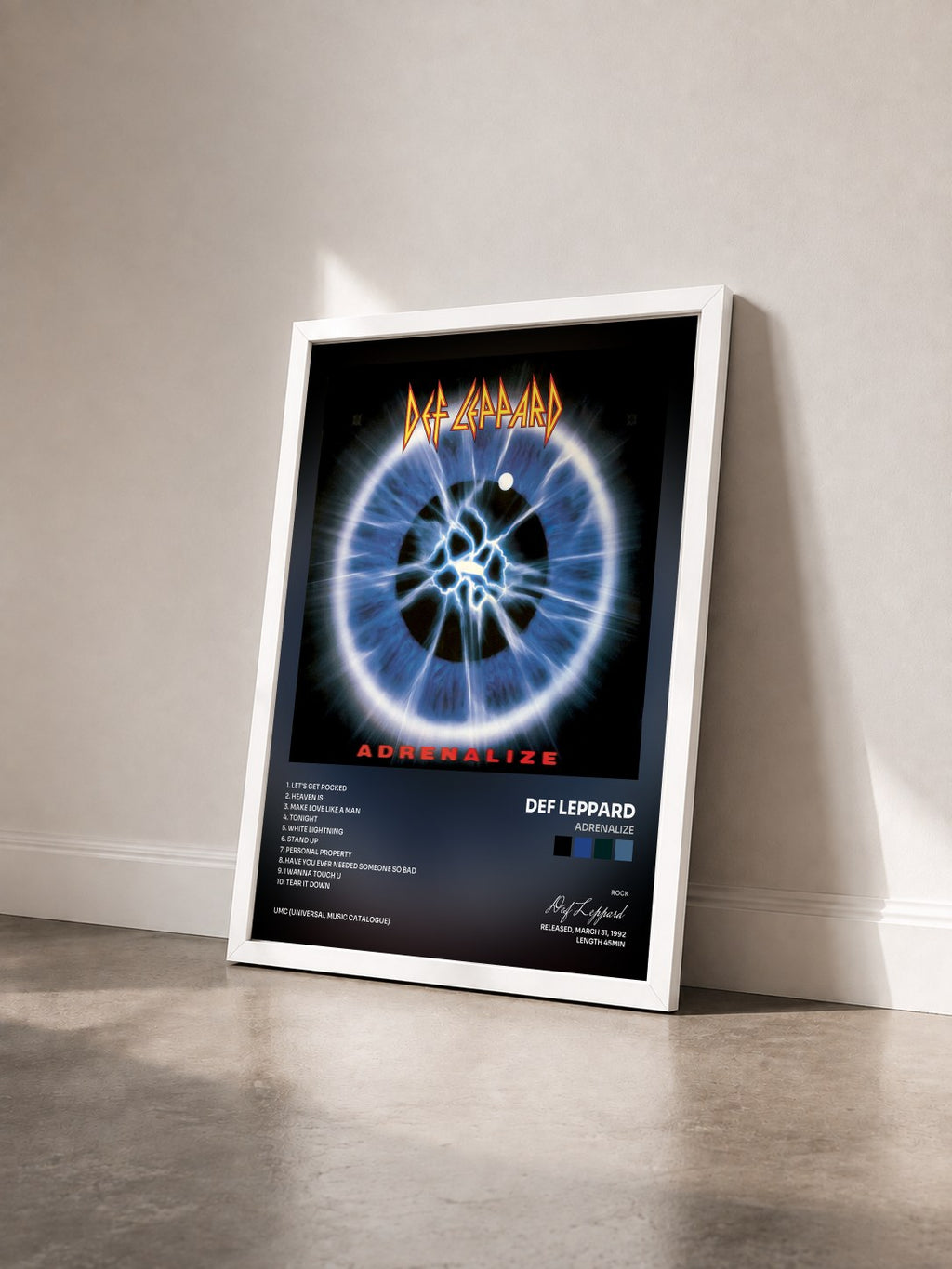 #blanc Tableau de l'album Adrenalize de Def Leppard vu de trois quarts, cadre blanc