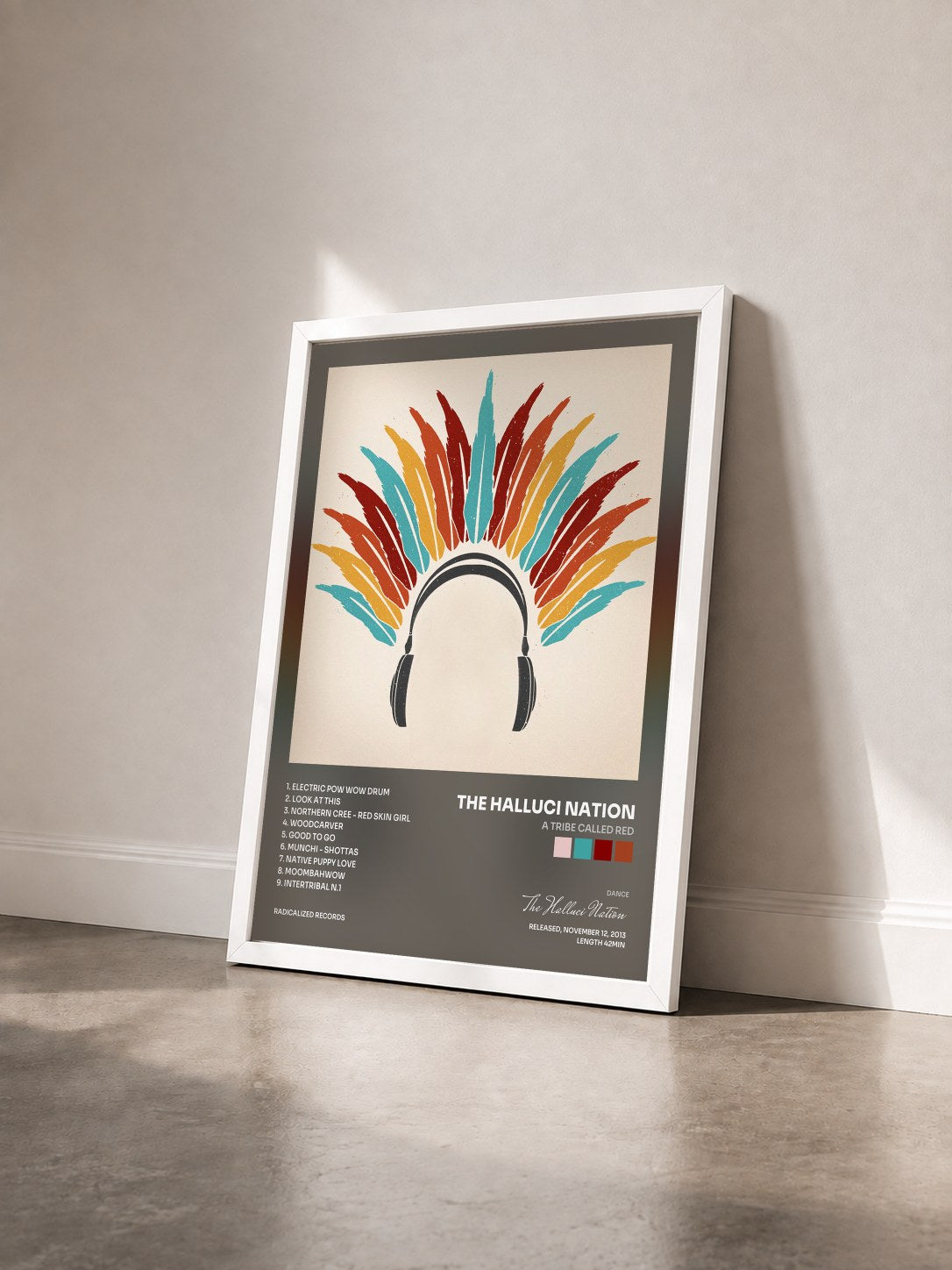 #blanc Tableau de l'album A Tribe Called Red de The Halluci Nation vu de trois quarts, cadre blanc