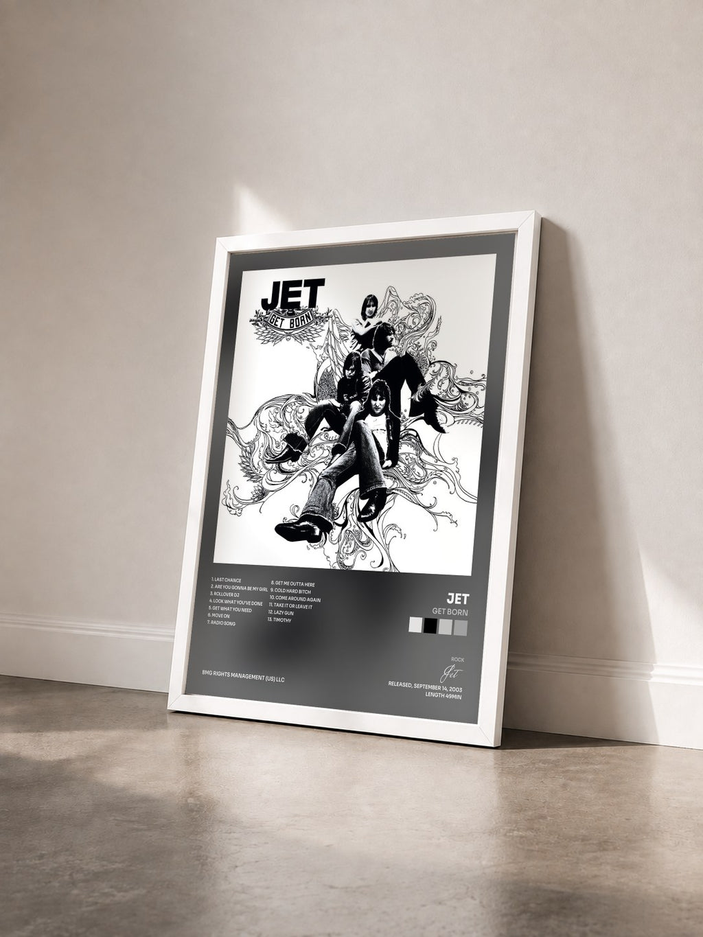 #blanc Tableau de l'album Get Born de Jet vu de trois quarts, cadre blanc