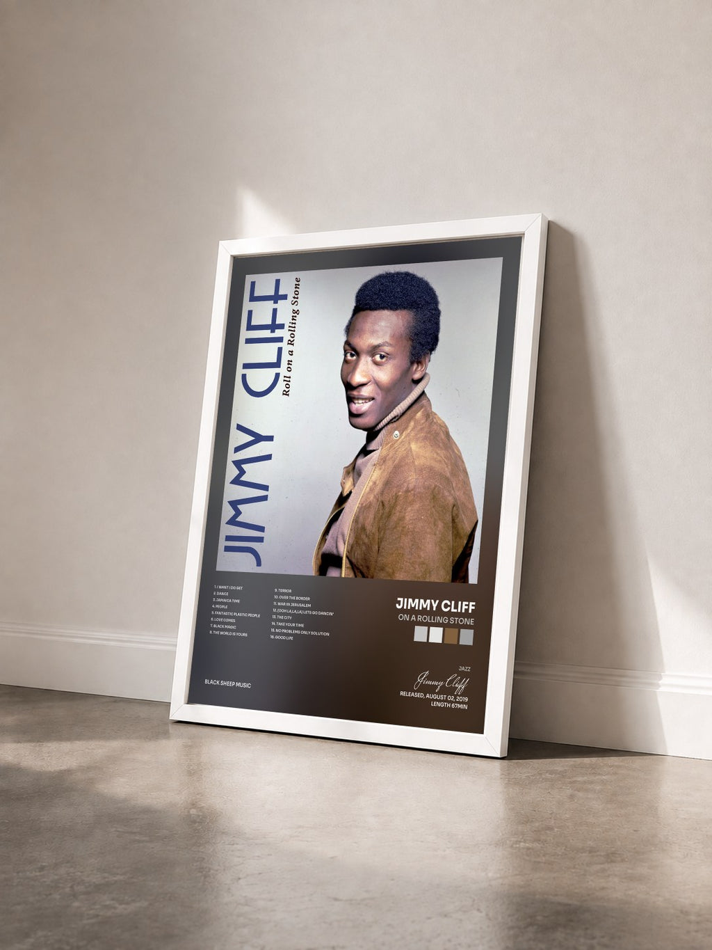 #blanc Tableau de l'album On a Rolling Stone de Jimmy Cliff vu de trois quarts, cadre blanc