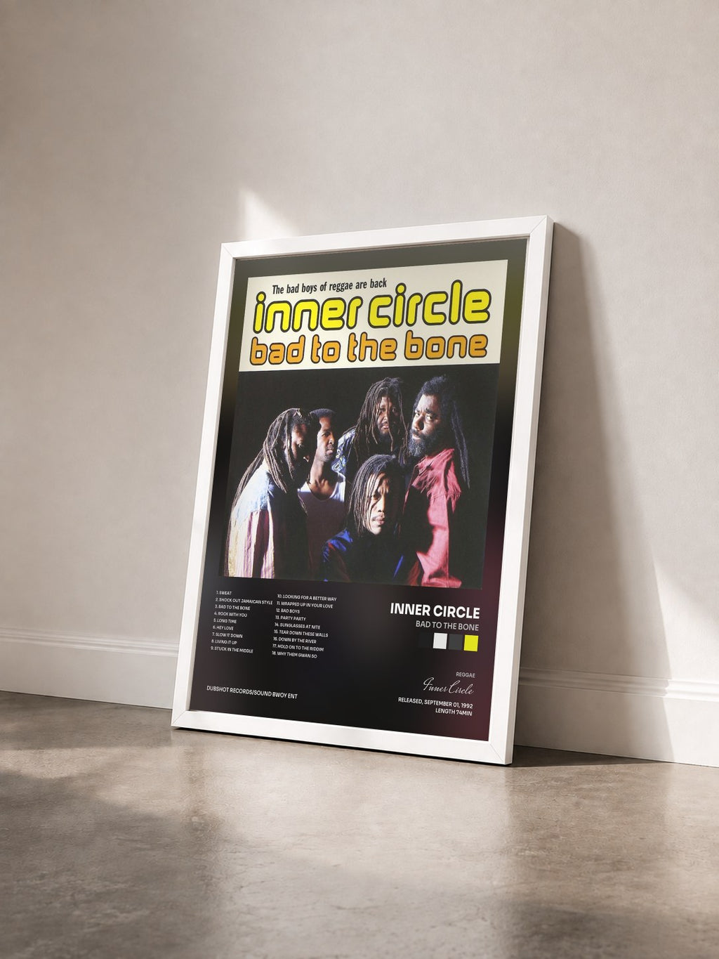 #blanc Tableau de l'album Bad to the Bone de Inner Circle vu de trois quarts, cadre blanc