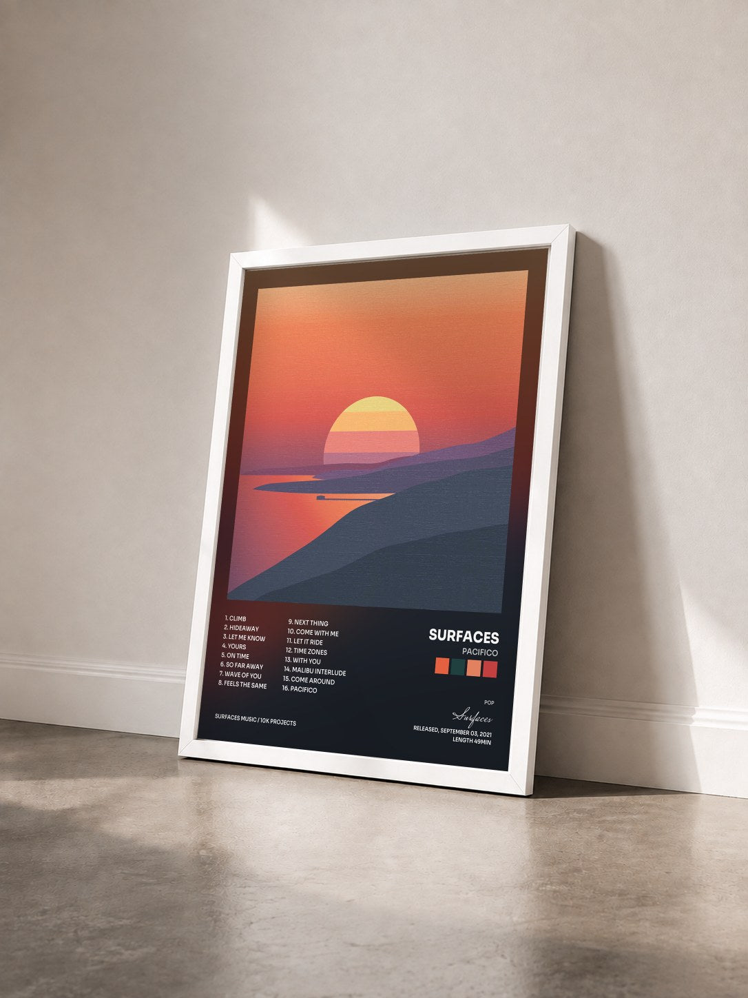 #blanc Tableau de l'album Pacifico de Surfaces vu de trois quarts, cadre blanc