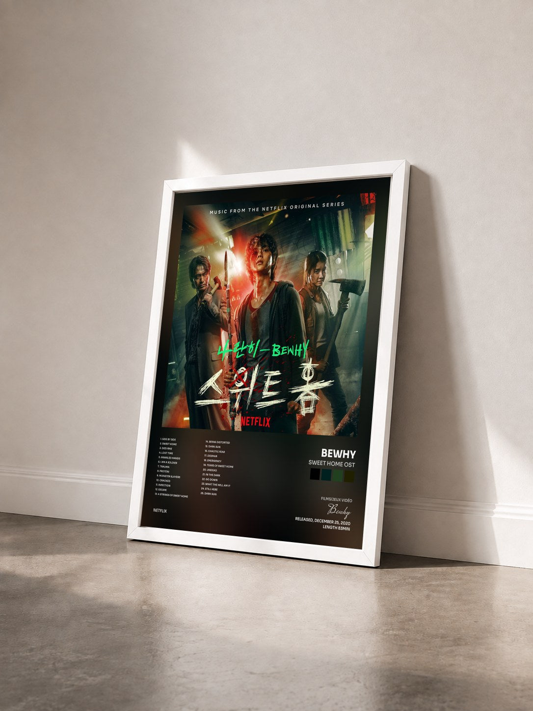 #blanc Tableau de l'album Sweet Home OST de Bewhy vu de trois quarts, cadre blanc