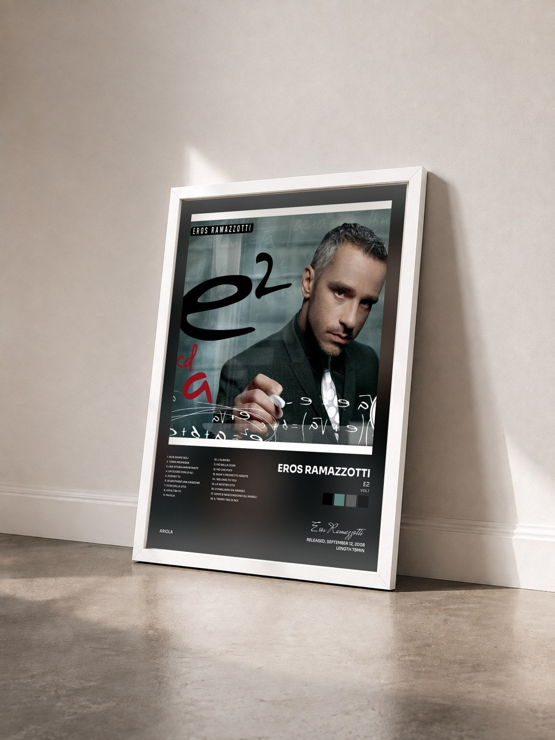 #blanc Tableau de l'album e2 (vol.1) de Eros Ramazzotti vu de trois quarts, cadre blanc