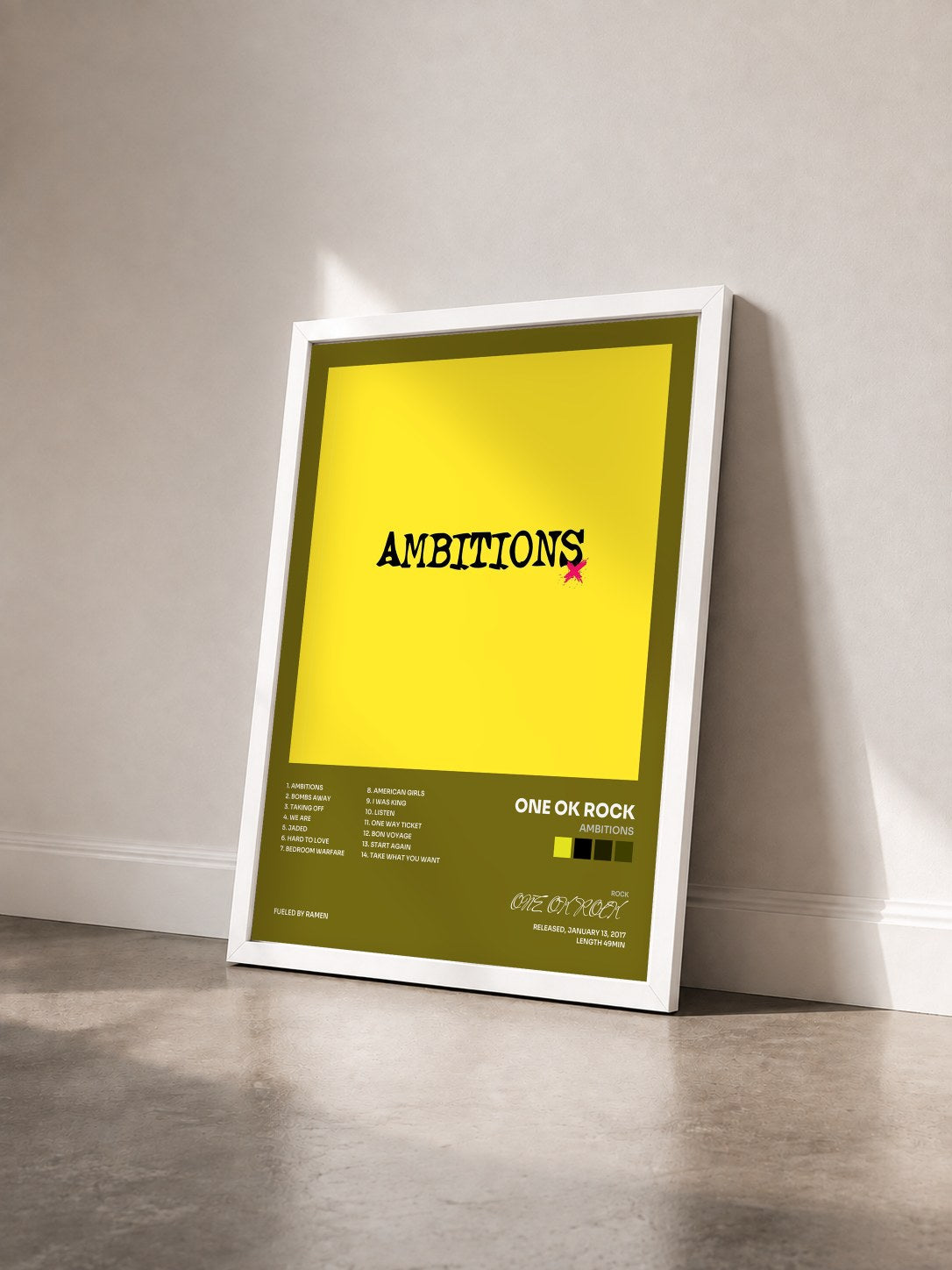 #blanc Tableau de l'album Ambitions de ONE OK ROCK vu de trois quarts, cadre blanc