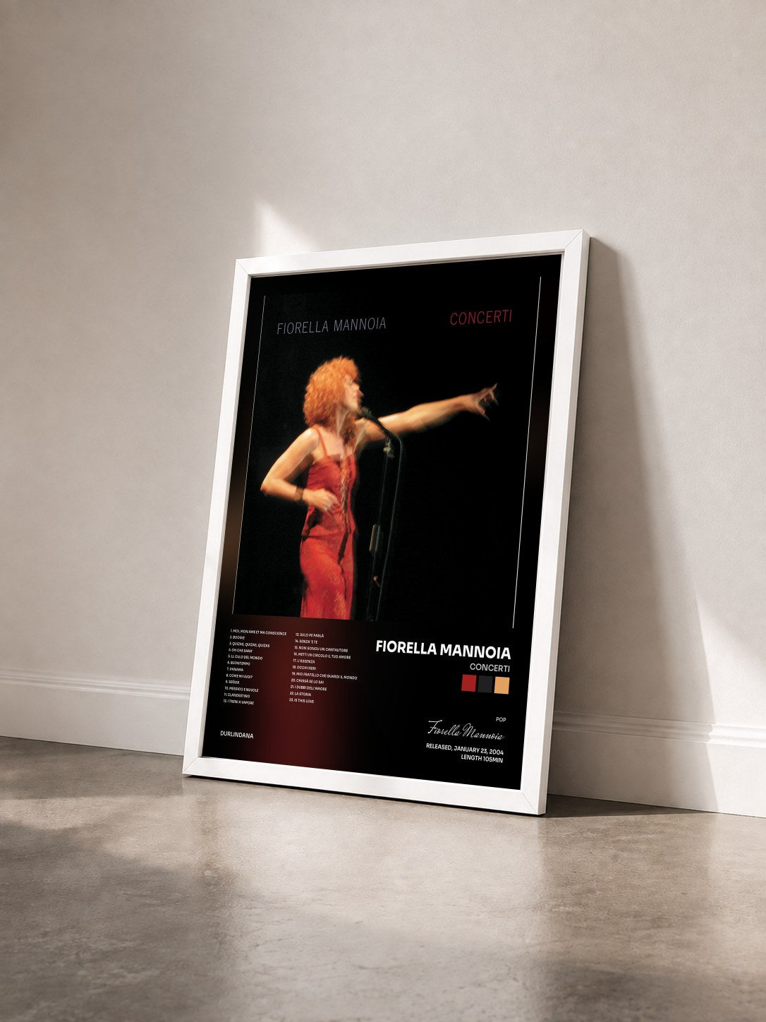 #blanc Tableau de l'album Concerti de Fiorella Mannoia vu de trois quarts, cadre blanc