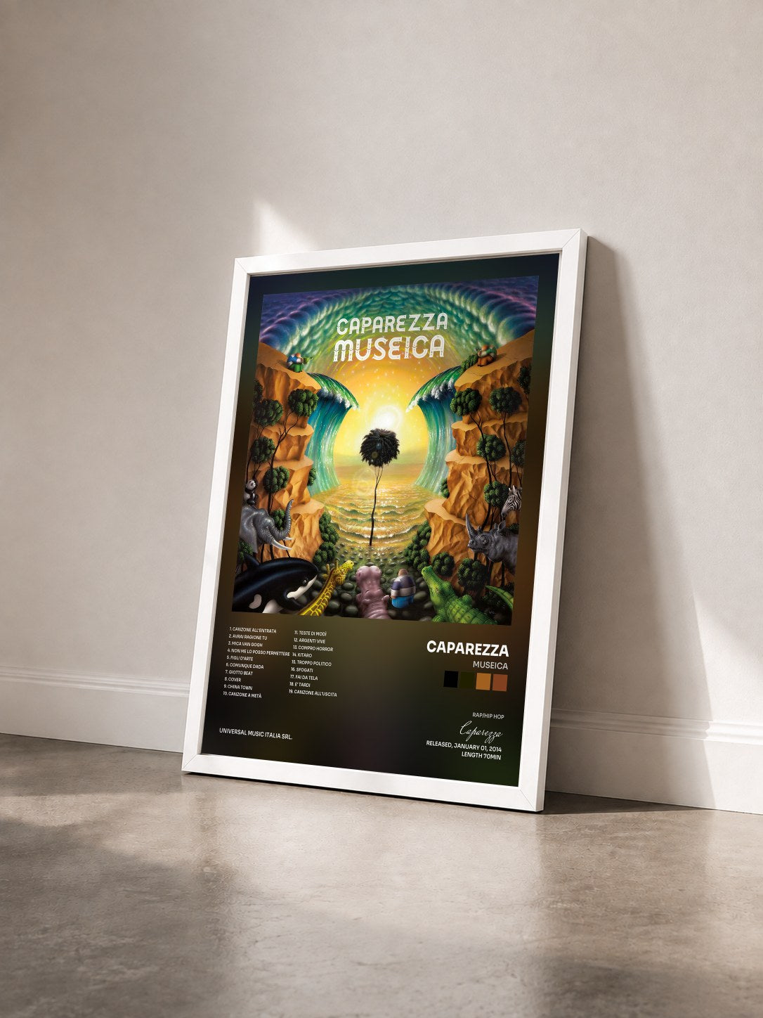 #blanc Tableau de l'album Museica de Caparezza vu de trois quarts, cadre blanc
