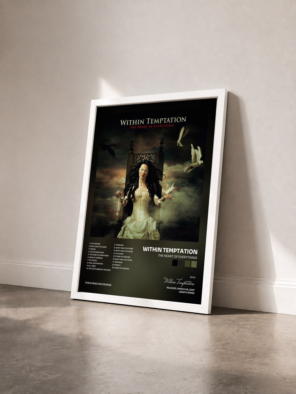 #blanc Tableau de l'album The Heart Of Everything de Within Temptation vu de trois quarts, cadre blanc