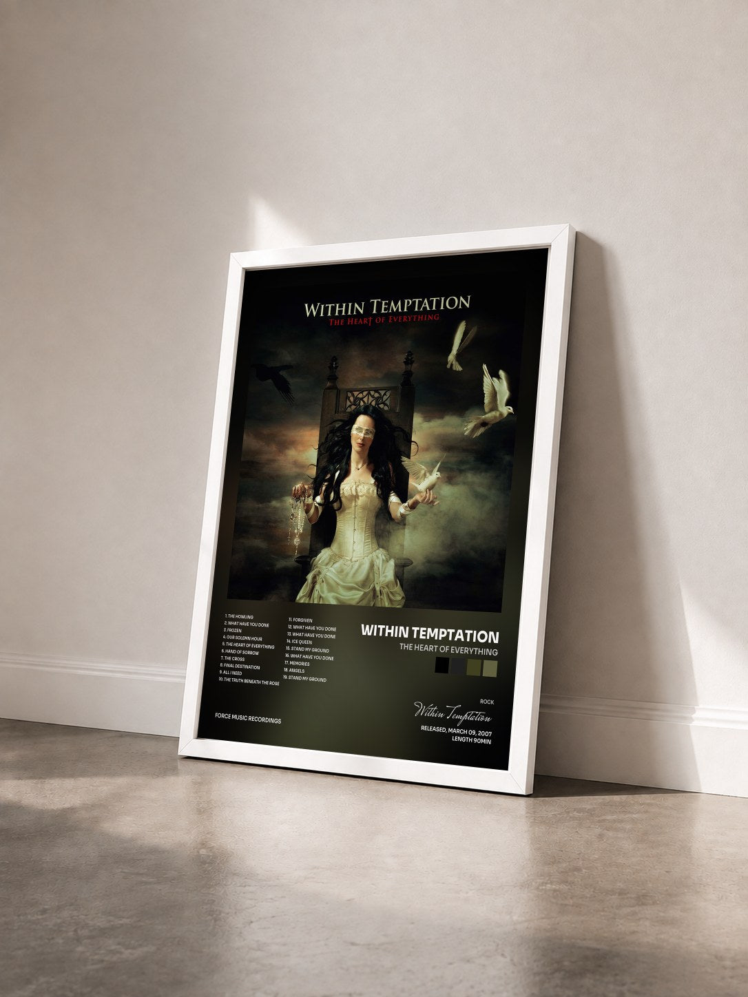 #blanc Tableau de l'album The Heart Of Everything de Within Temptation vu de trois quarts, cadre blanc
