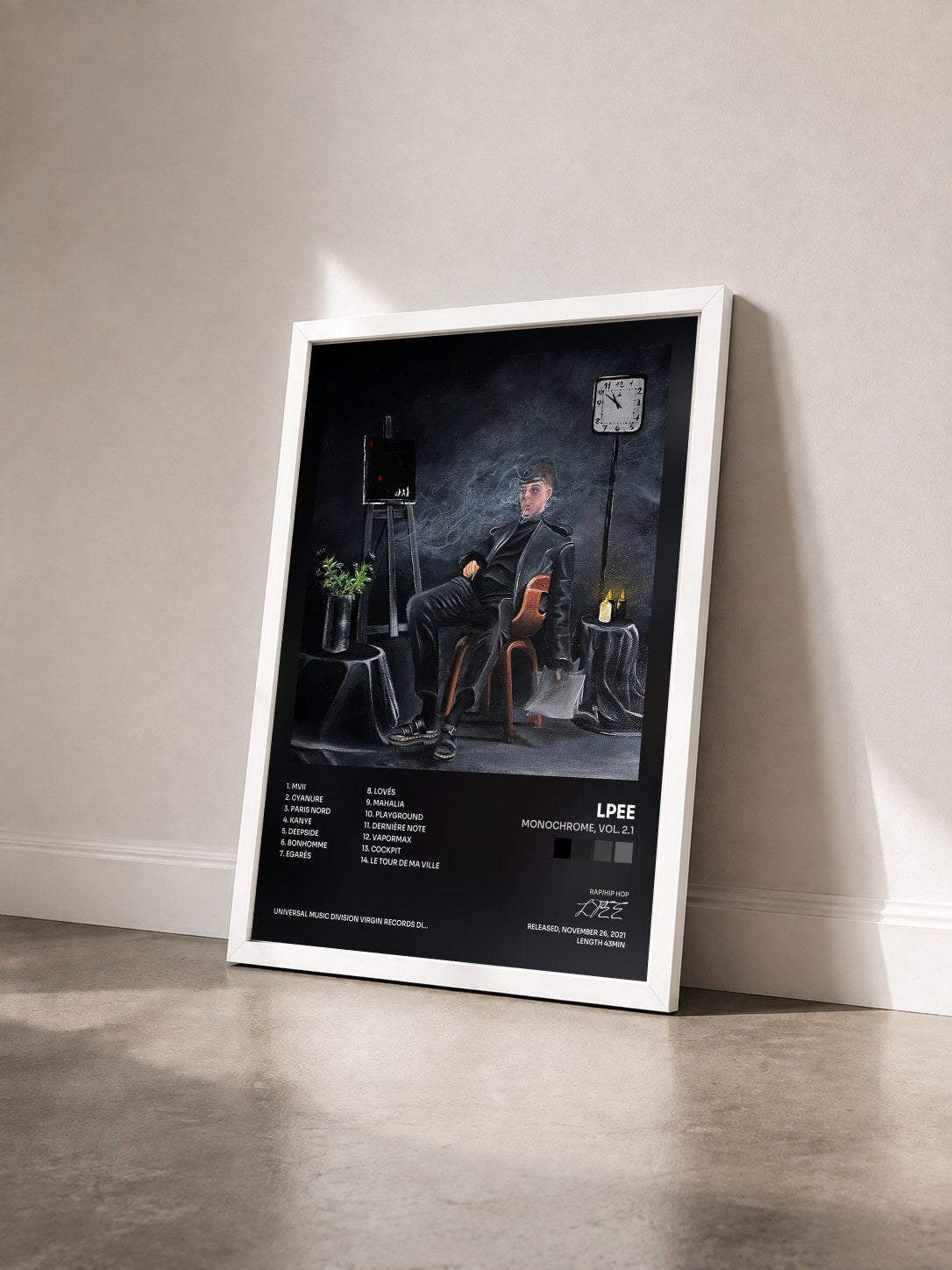 #blanc Tableau de l'album Monochrome, Vol. 2.1 de LPEE vu de trois quarts, cadre blanc
