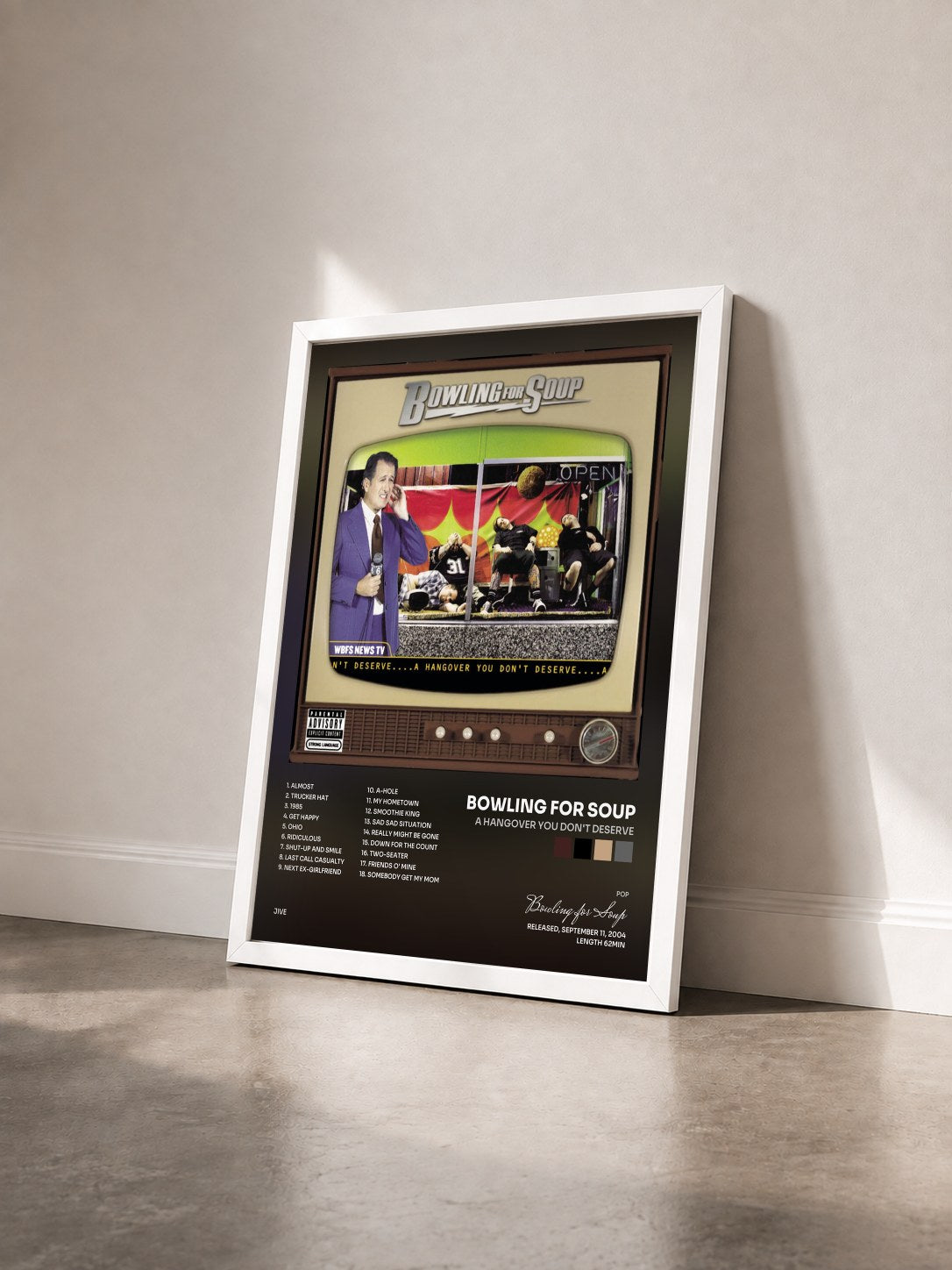 #blanc Tableau de l'album A Hangover You Don't Deserve de Bowling for Soup vu de trois quarts, cadre blanc