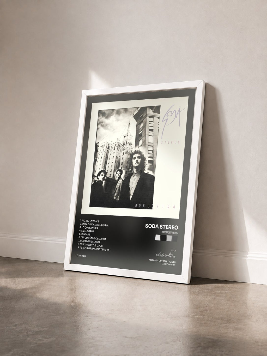 #blanc Tableau de l'album Doble Vida de Soda Stereo vu de trois quarts, cadre blanc