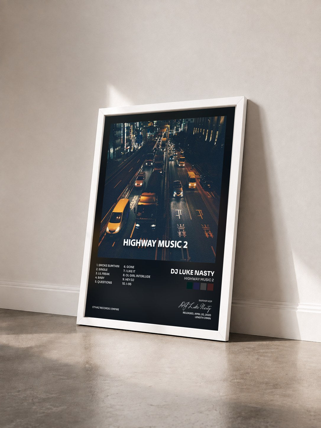 #blanc Tableau de l'album Highway Music 2 de DJ Luke Nasty vu de trois quarts, cadre blanc