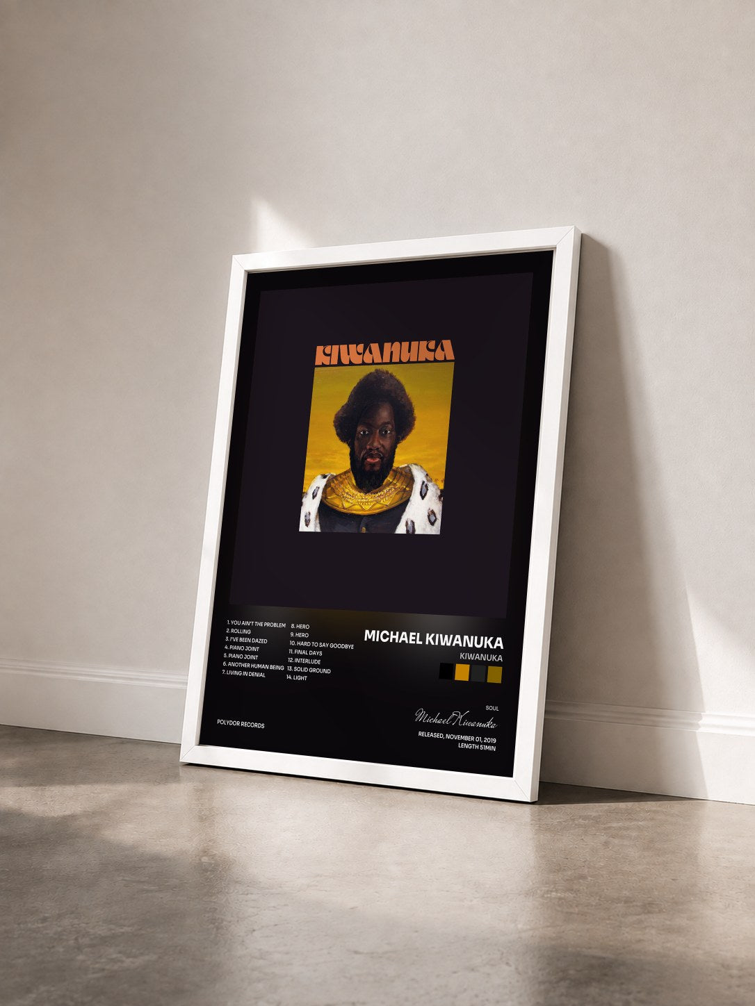 #blanc Tableau de l'album KIWANUKA de Michael Kiwanuka vu de trois quarts, cadre blanc