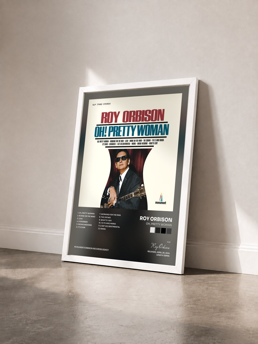 #blanc Tableau de l'album Oh, Pretty Woman de Roy Orbison vu de trois quarts, cadre blanc