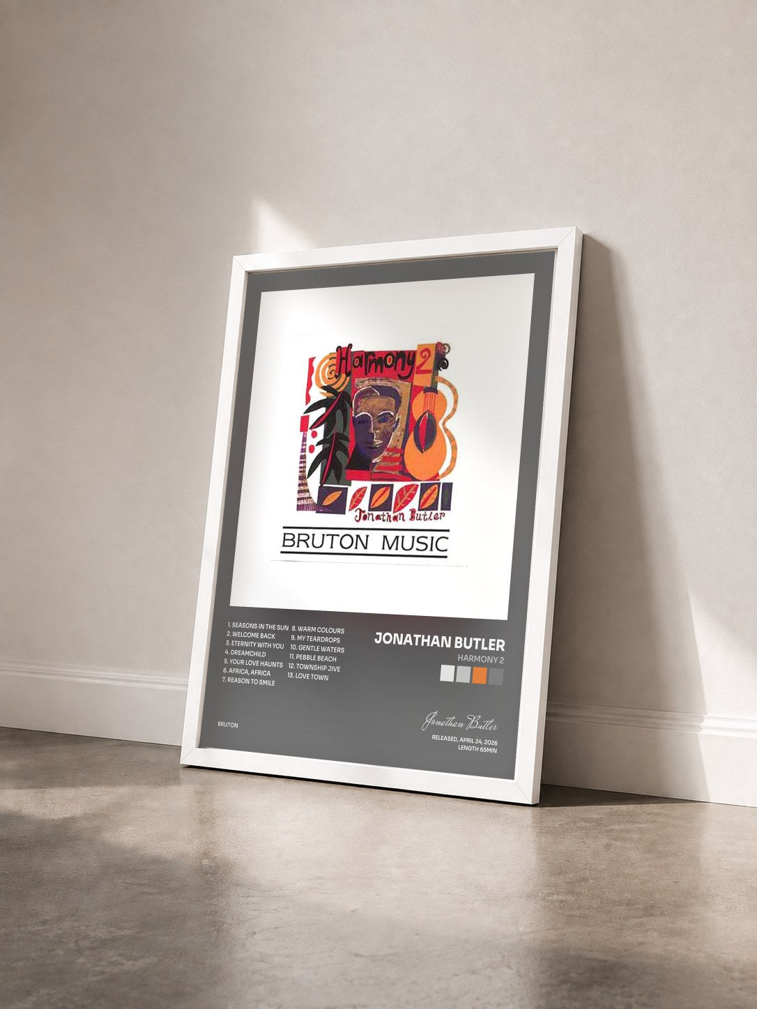 #blanc Tableau de l'album Harmony 2 de Jonathan Butler vu de trois quarts, cadre blanc