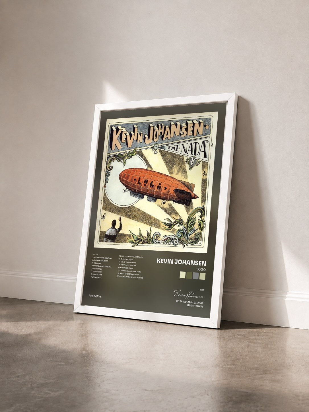 #blanc Tableau de l'album Logo de Kevin Johansen vu de trois quarts, cadre blanc