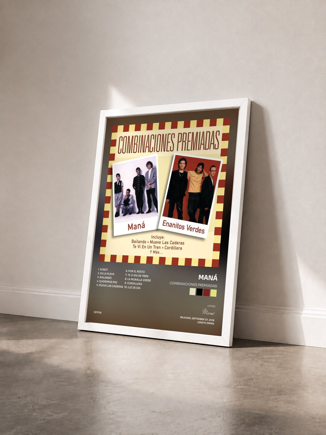 #blanc Tableau de l'album Combinaciones Premiadas de Maná vu de trois quarts, cadre blanc