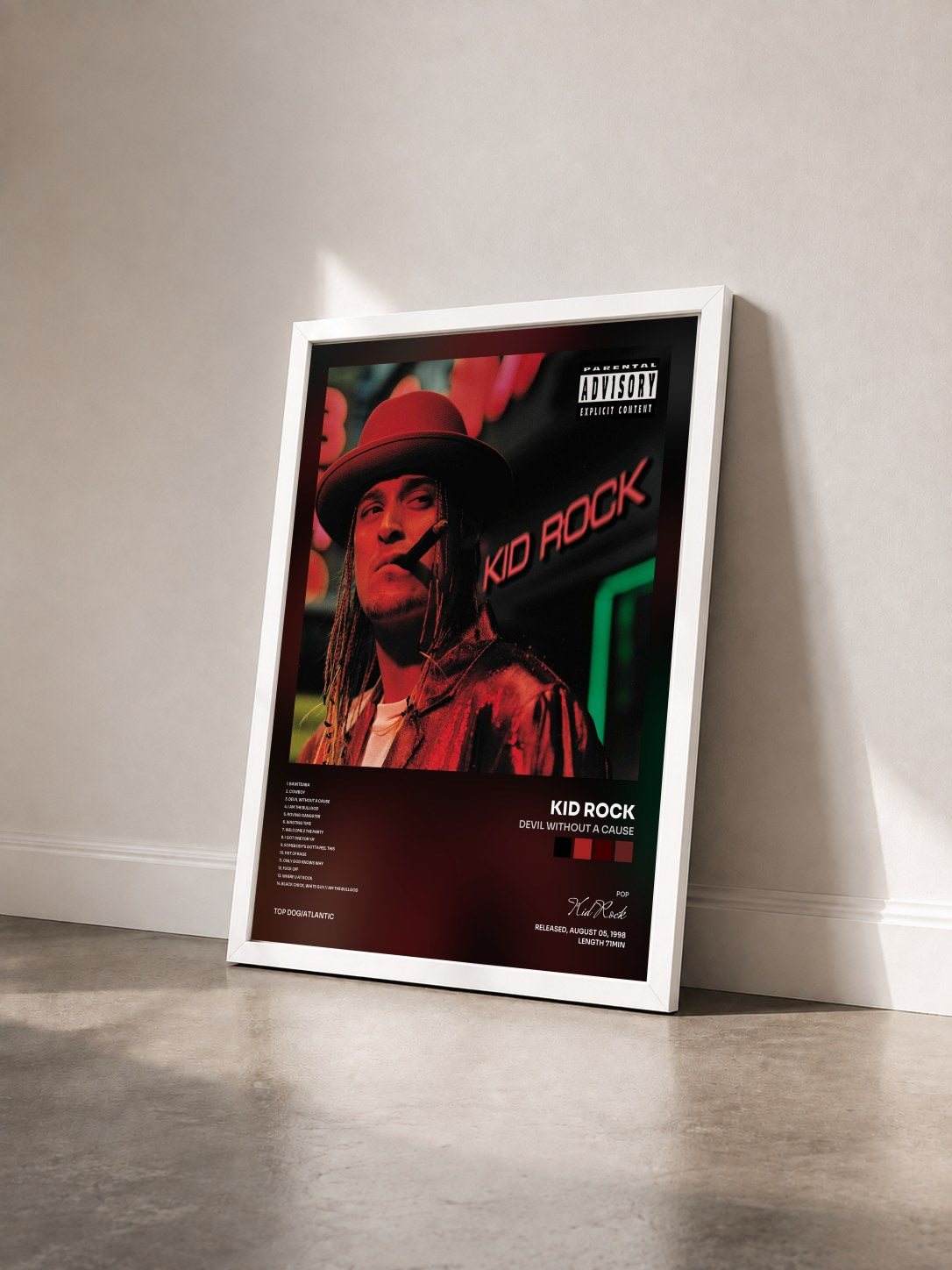 #blanc Tableau de l'album Devil Without a Cause de Kid Rock vu de trois quarts, cadre blanc