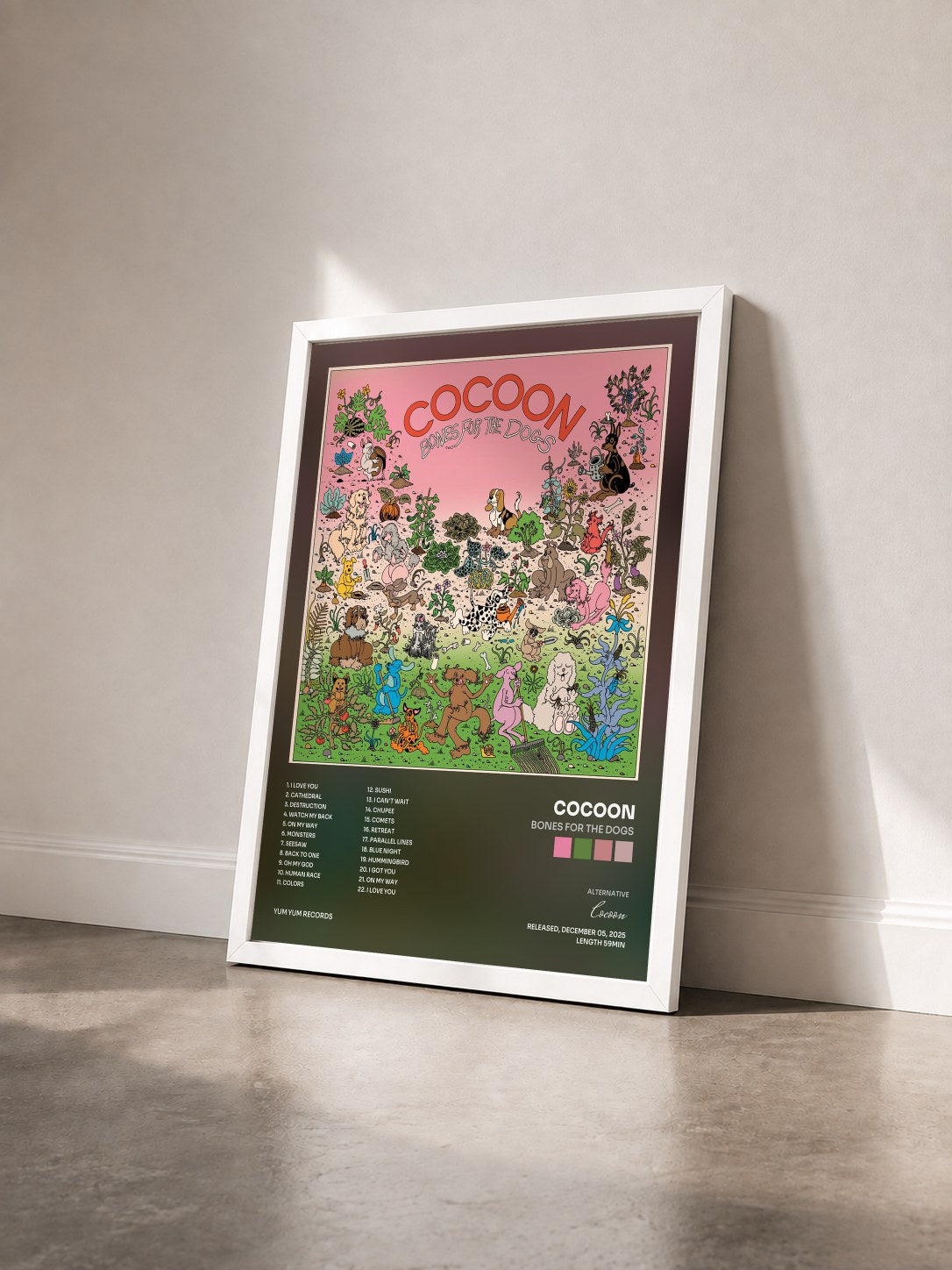 #blanc Tableau de l'album Bones For The Dogs de Cocoon vu de trois quarts, cadre blanc