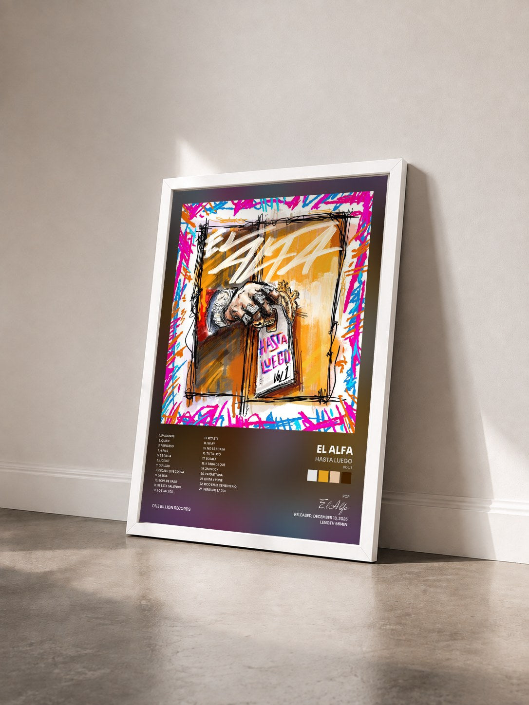 #blanc Tableau de l'album HASTA LUEGO (Vol. 1) de El Alfa vu de trois quarts, cadre blanc