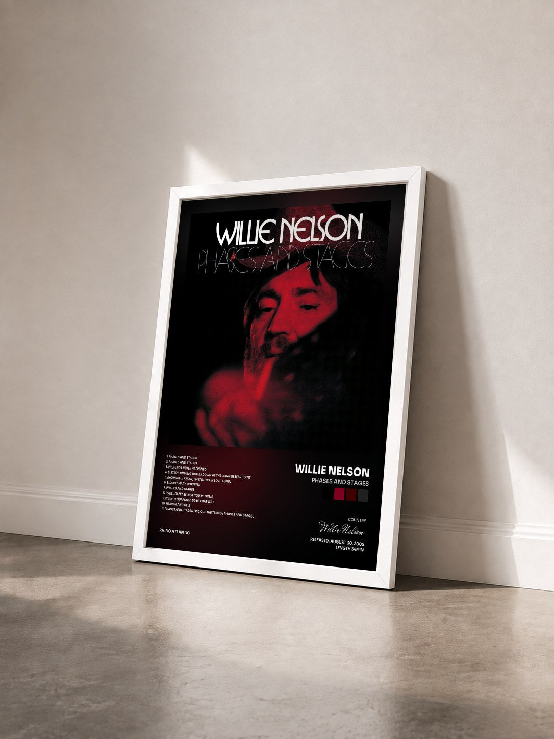 #blanc Tableau de l'album Phases And Stages de Willie Nelson vu de trois quarts, cadre blanc