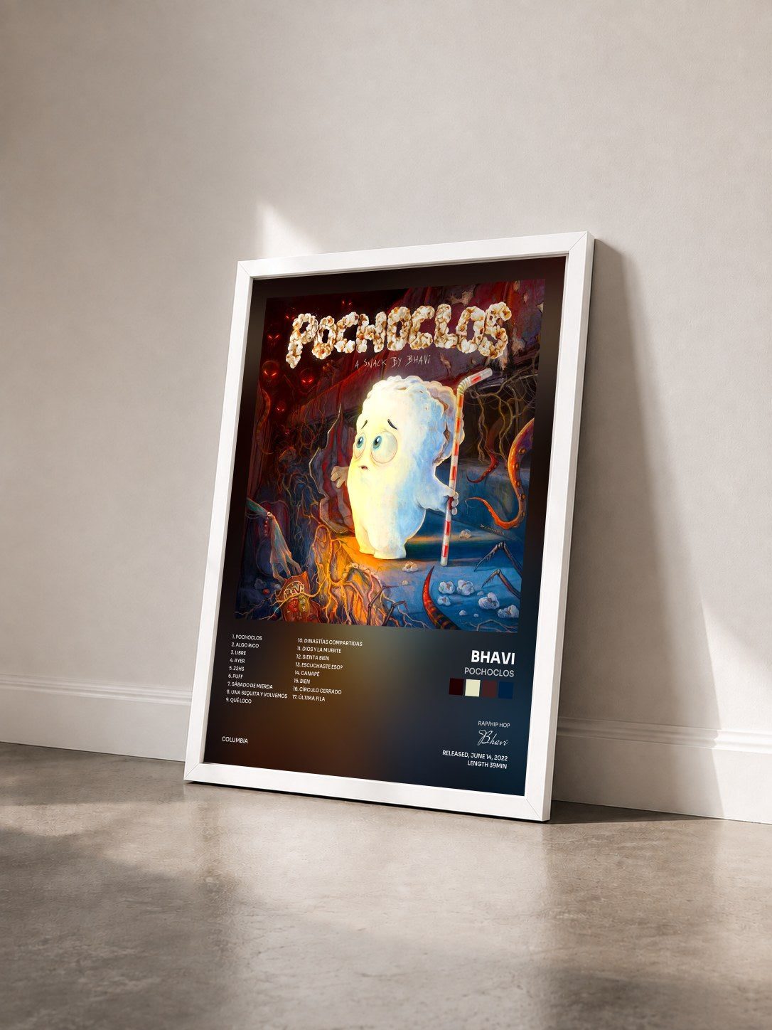 #blanc Tableau de l'album POCHOCLOS de Bhavi vu de trois quarts, cadre blanc