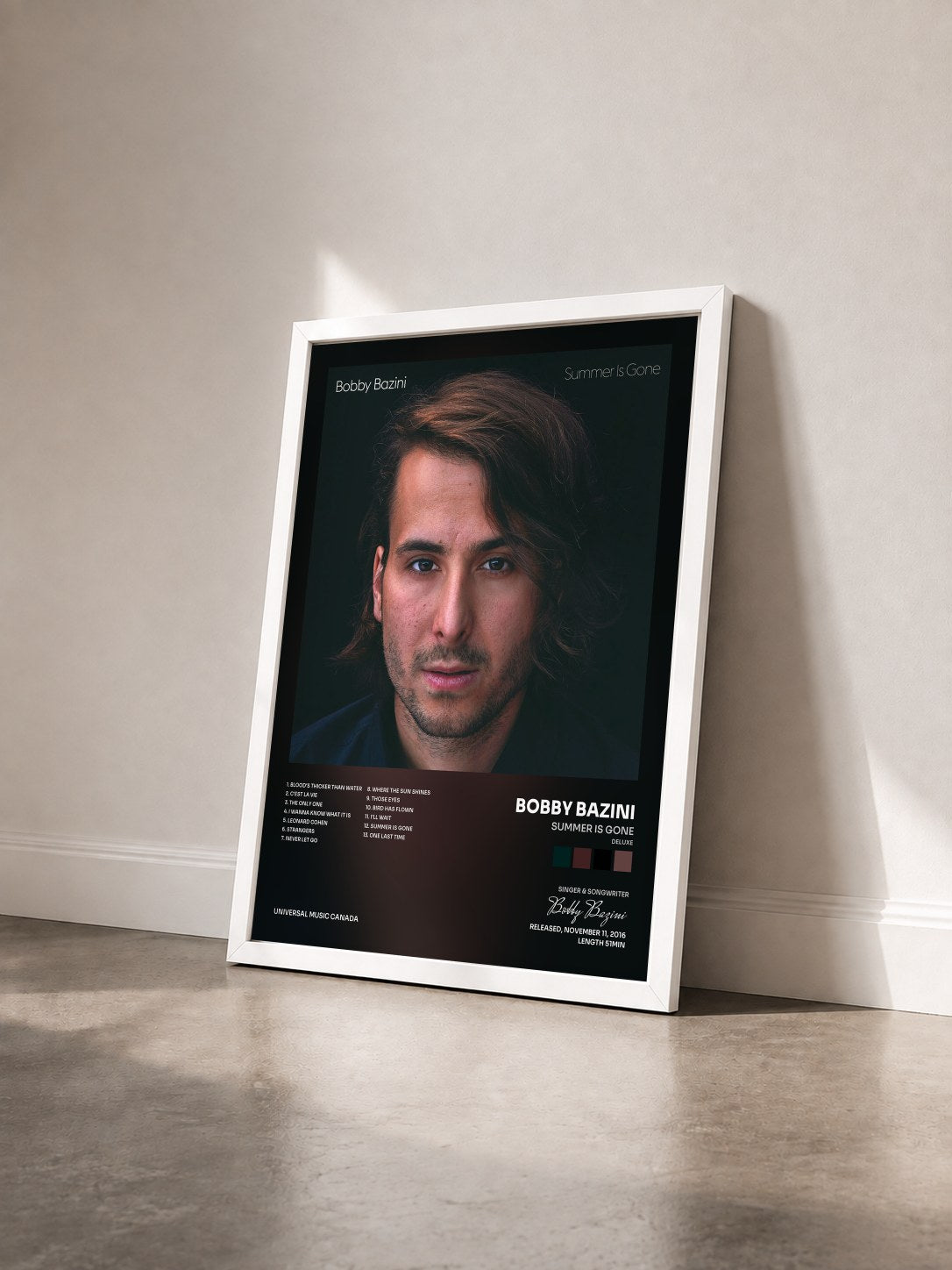 #blanc Tableau de l'album Summer Is Gone (Deluxe) de Bobby Bazini vu de trois quarts, cadre blanc