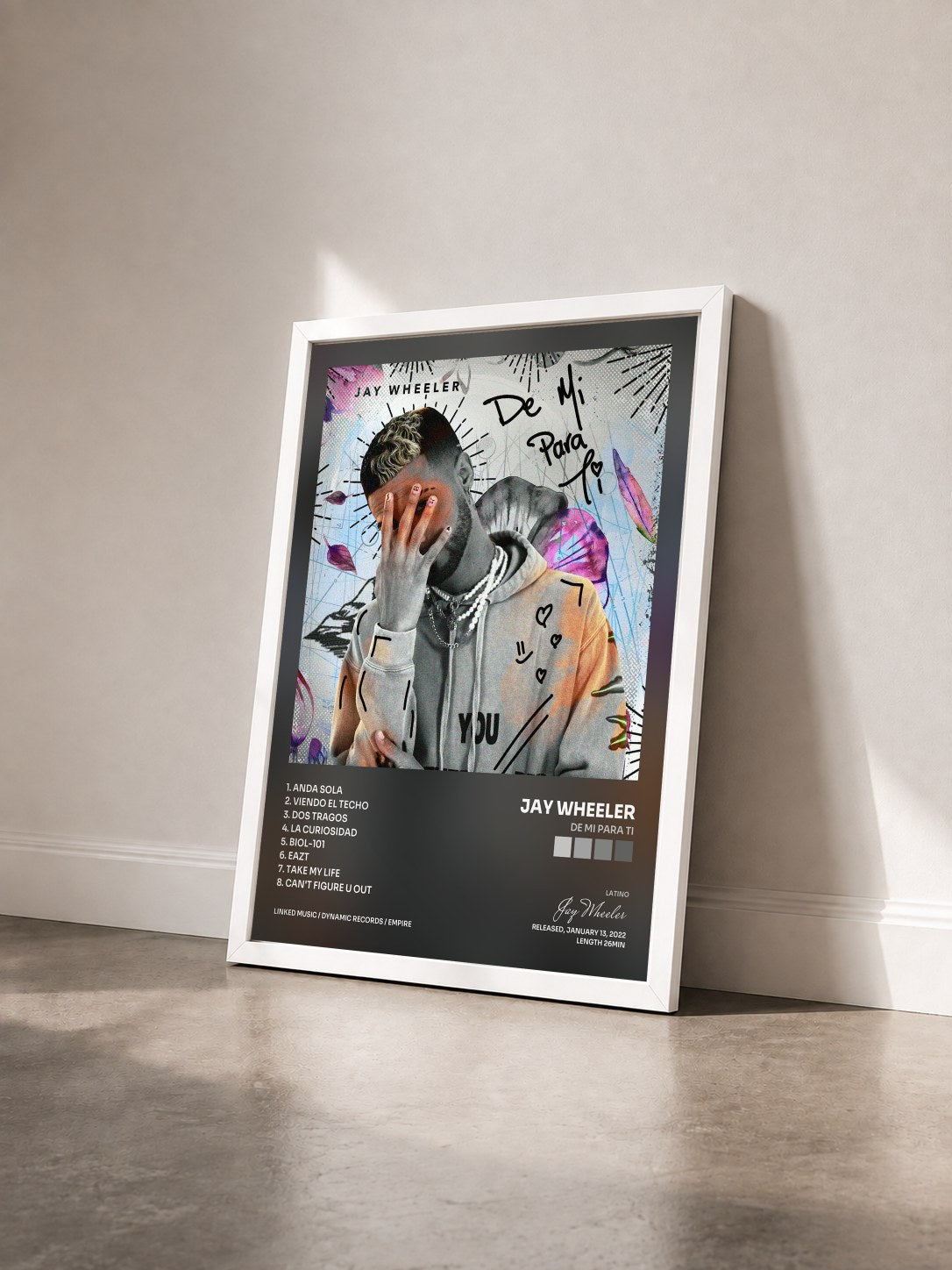 #blanc Tableau de l'album De Mi Para Ti de Jay Wheeler vu de trois quarts, cadre blanc