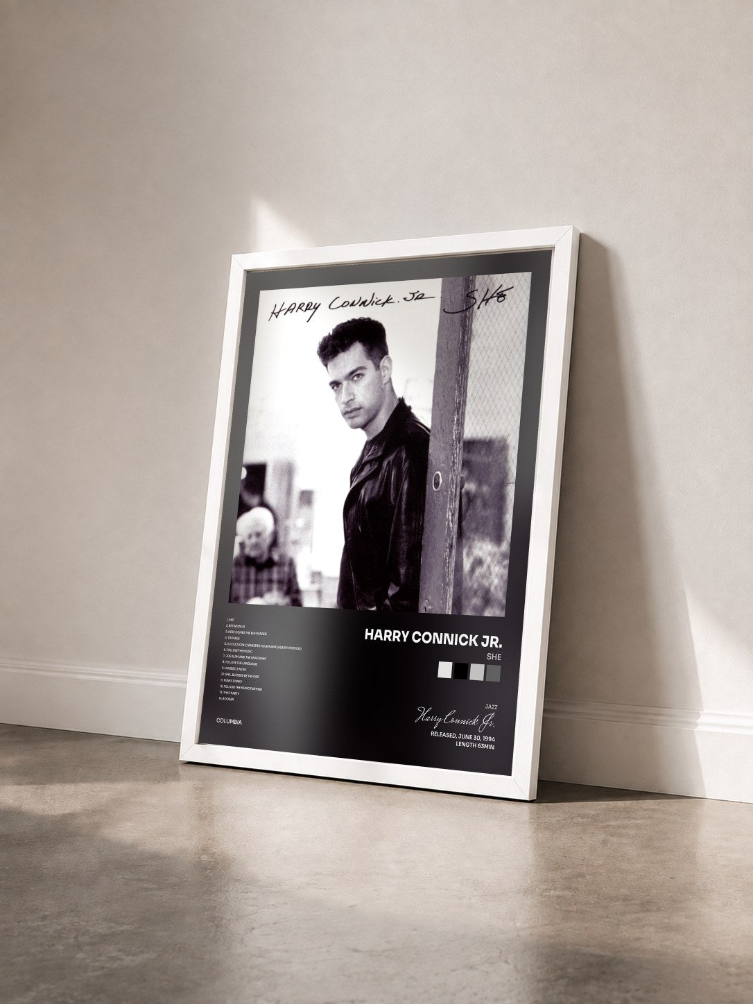 #blanc Tableau de l'album She de Harry Connick Jr. vu de trois quarts, cadre blanc
