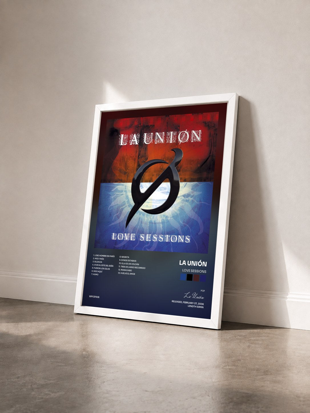 #blanc Tableau de l'album Love Sessions de La Unión vu de trois quarts, cadre blanc