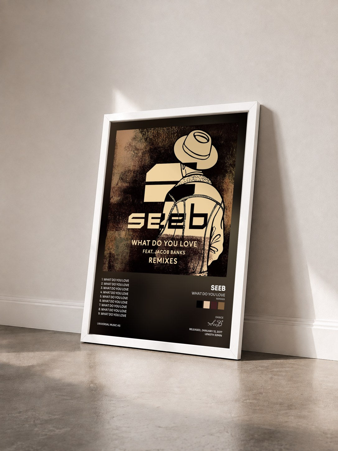 #blanc Tableau de l'album What Do You Love (Remixes) de SeeB vu de trois quarts, cadre blanc