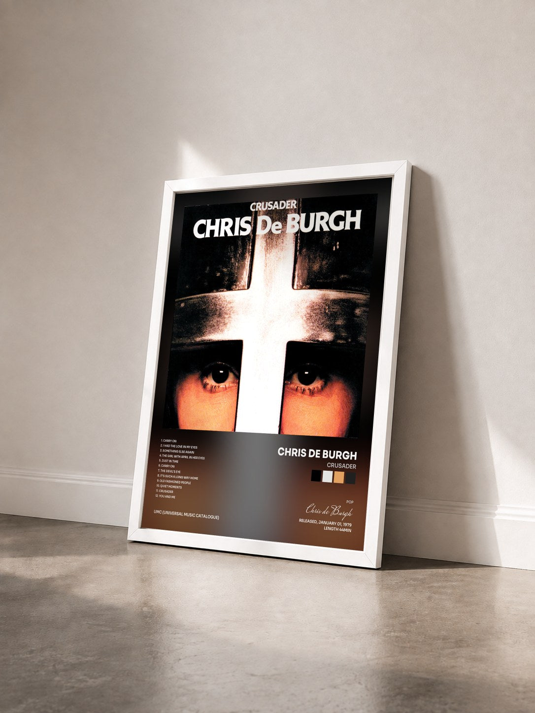 #blanc Tableau de l'album Crusader de Chris de Burgh vu de trois quarts, cadre blanc