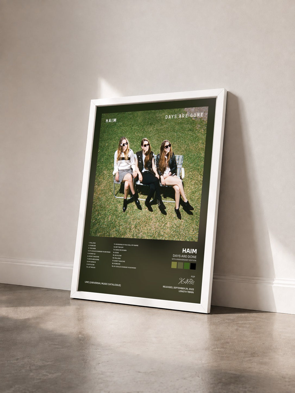 #blanc Days Are Gone (10th Anniversary Edition) by HAIM as a framed art print seen at an angle, white frame