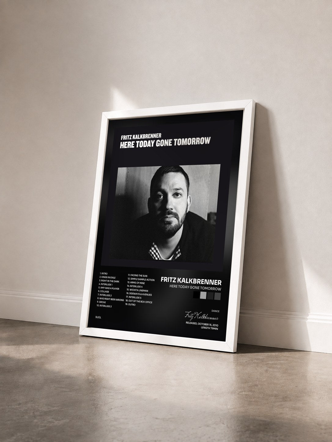 #blanc Tableau de l'album Here Today Gone Tomorrow de Fritz Kalkbrenner vu de trois quarts, cadre blanc