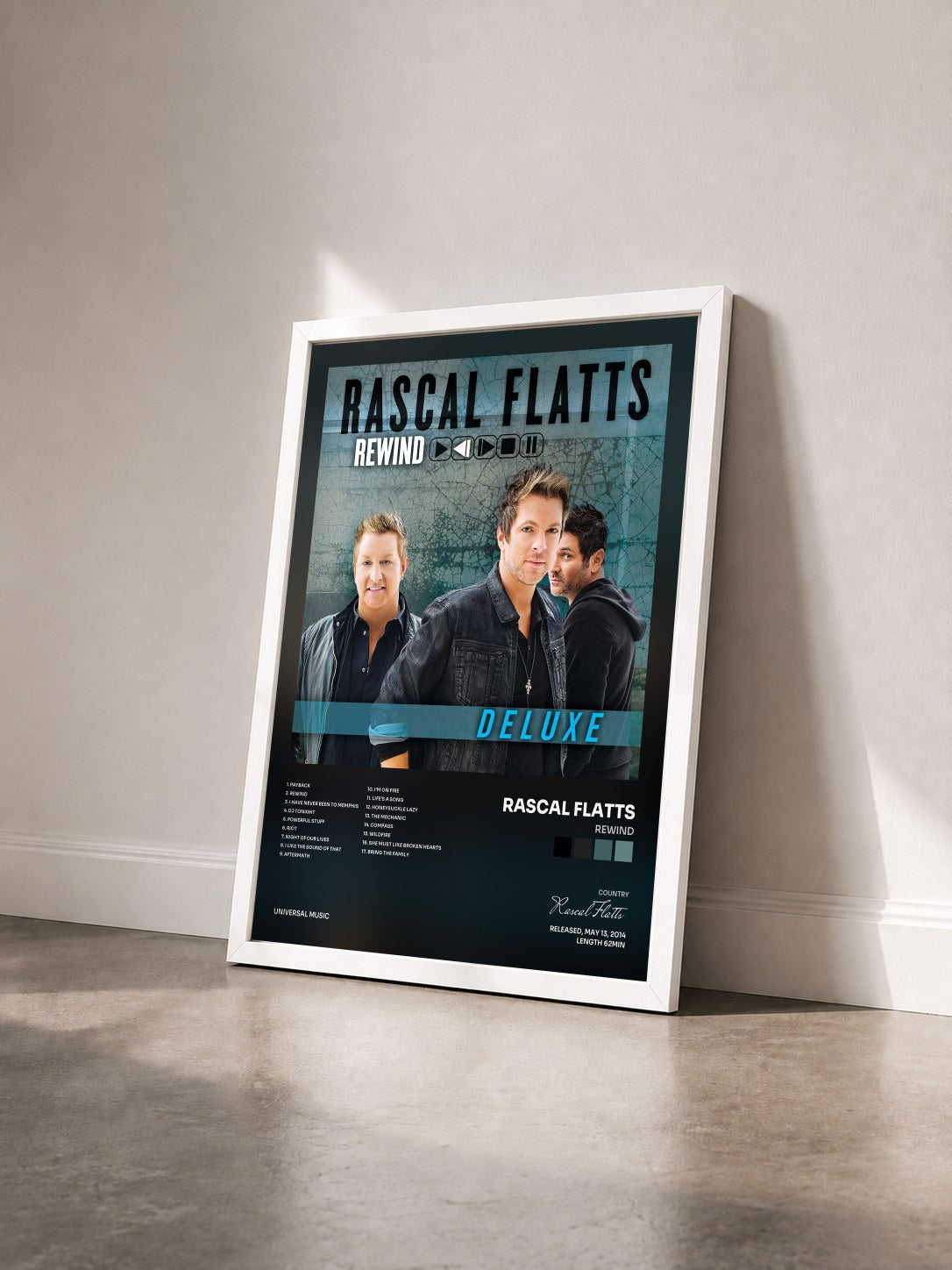 #blanc Tableau de l'album Rewind de Rascal Flatts vu de trois quarts, cadre blanc