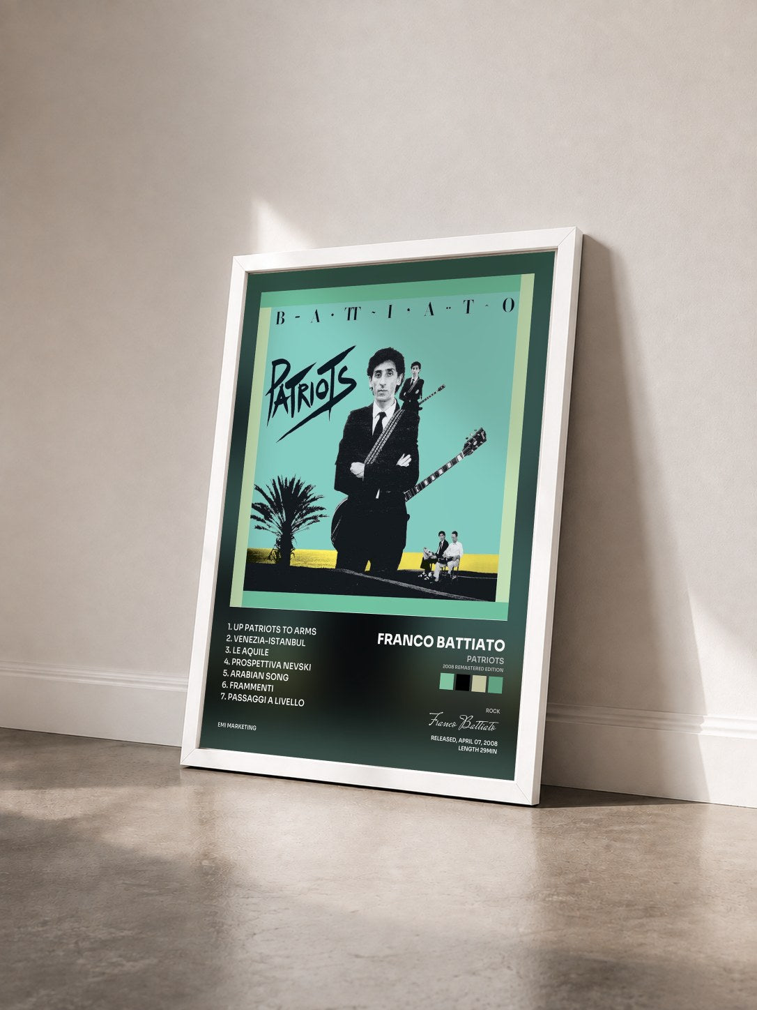 #blanc Tableau de l'album Patriots (2008 Remastered Edition) de Franco Battiato vu de trois quarts, cadre blanc