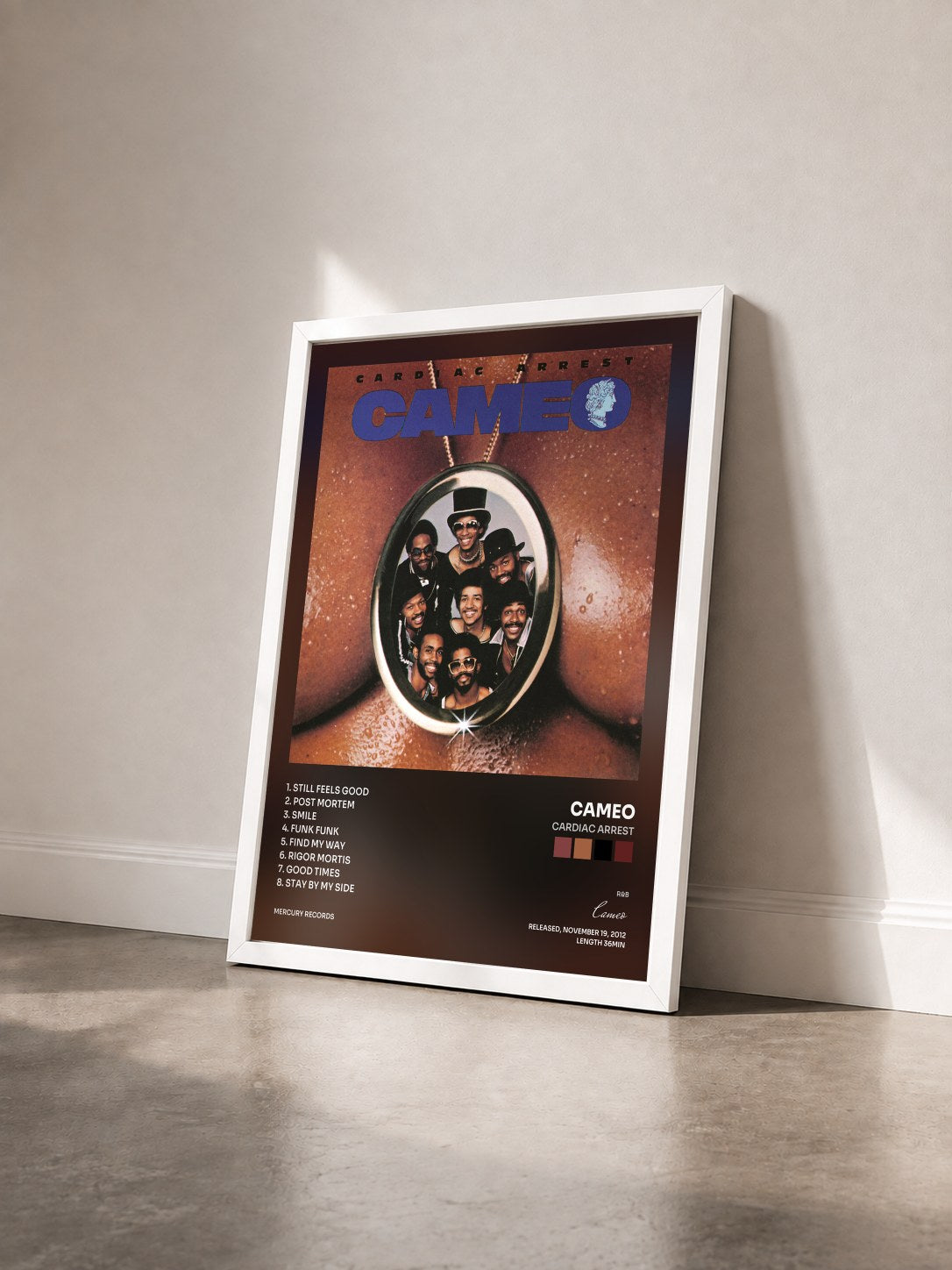 #blanc Tableau de l'album Cardiac Arrest de Cameo vu de trois quarts, cadre blanc