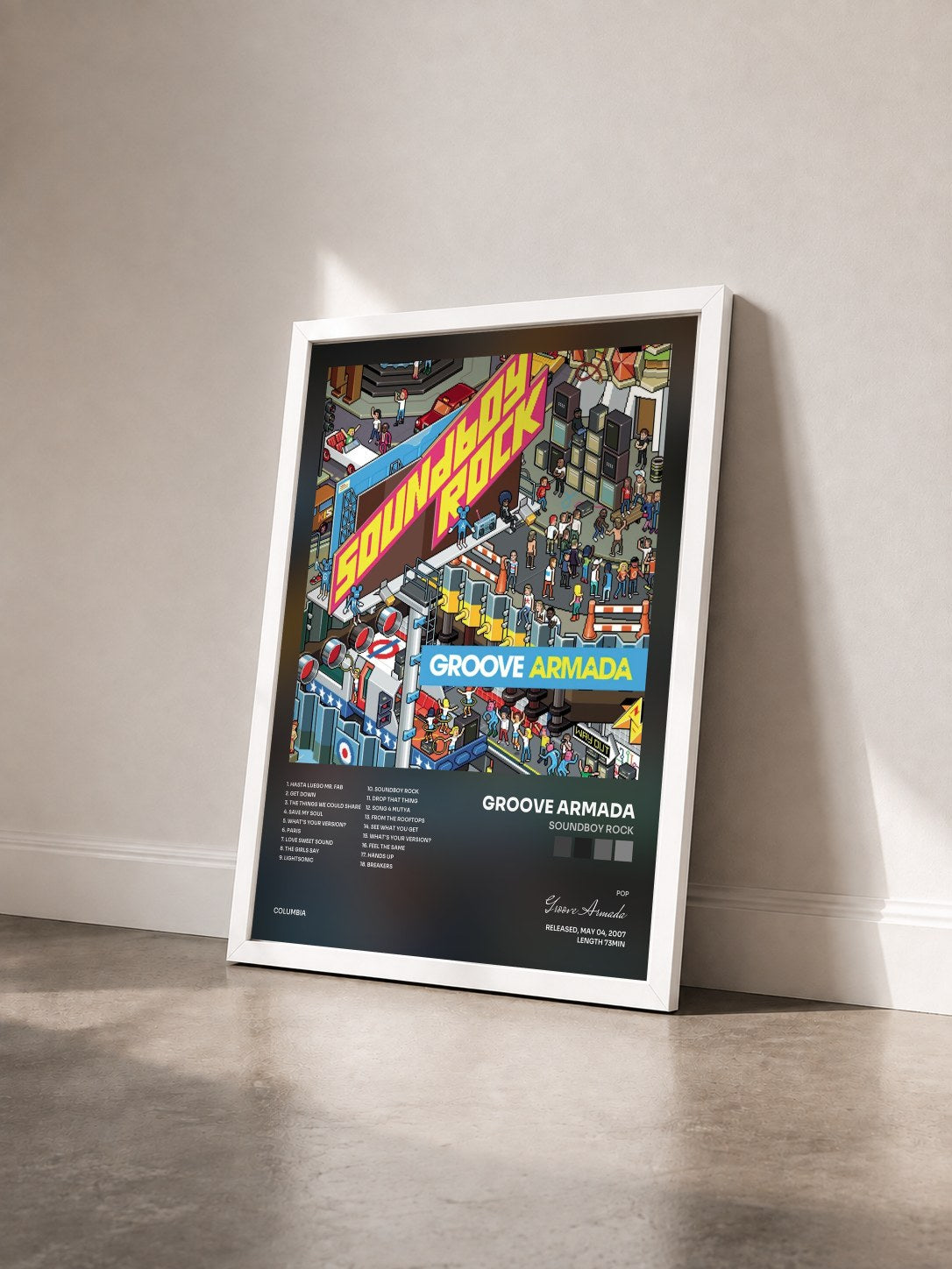 #blanc Tableau de l'album Soundboy Rock de Groove Armada vu de trois quarts, cadre blanc