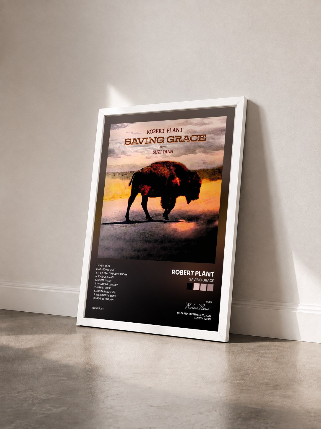 #blanc Tableau de l'album Saving Grace de Robert Plant vu de trois quarts, cadre blanc