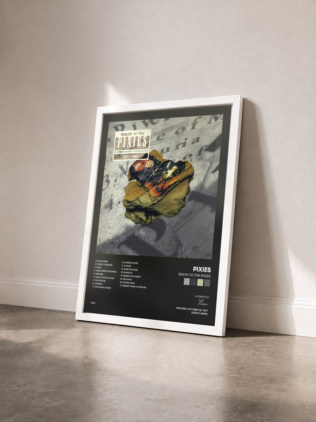 #blanc Tableau de l'album Death to the Pixies de Pixies vu de trois quarts, cadre blanc