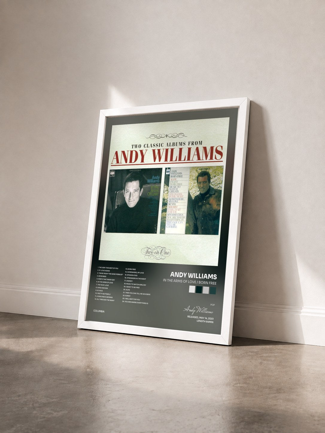 #blanc Tableau de l'album In The Arms Of Love / Born Free de Andy Williams vu de trois quarts, cadre blanc